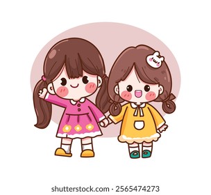 Cute Cartoon Best Friends Holding Hands Vector Illustration