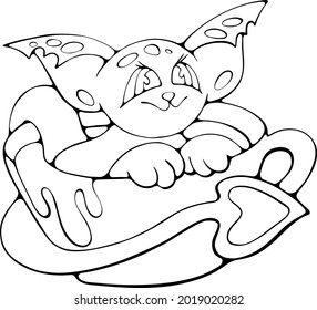Cute cartoon big eared character in a cup, funny isolated vector stock illustration for children books, coloring, greeting or invitation cards, stickers, prints or logo, web design or apps
