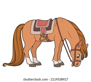 Cute cartoon big horse with a harness nibbling grass color variation isolated on white background