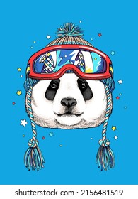 Cute cartoon big panda in winter hat and ski goggles. Stylish image for printing on any surface