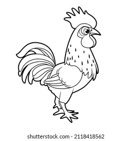 Cute cartoon big rooster outlined for coloring book on white background