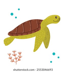 Cute cartoon big sea turtle in flat style isolated on white background. Marine fauna, happy sea animal.