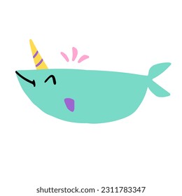 Cute cartoon big whale. Splash. Unicorn. Happy character. Childish naive vector illustration on white background.