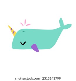 Cute cartoon big whale. Splash. Unicorn. Happy character. Childish naive vector illustration on white background.