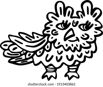 A cute cartoon big-eyed owl stands sideways and smiles. Picture with a shy kind forest owl. Black and white vector illustration drawn in doodle style. Cartoon image for children. Wildlife clipart. 