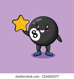 Cute cartoon billiard ball character holding big golden star