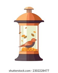 Cute cartoon bird with autumn leaf icon isolated