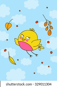 Cute cartoon bird with autumn leaves