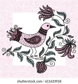 Cute cartoon bird and beautiful floral branch. Vector illustration.