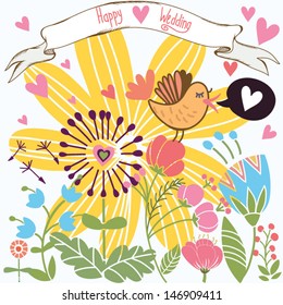 Cute cartoon bird and bee on flowers in vector. Stylish floral card "Happy wedding". Summer background in bright colors.