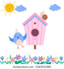Cute cartoon bird and birdhouse, flowers, vector illustration in flat style. Concept of care and nature and birds