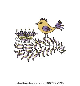Cute cartoon bird and branch. Vector illustration