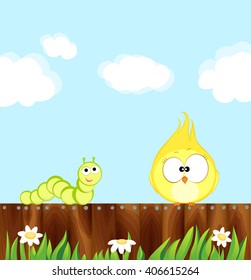 A cute cartoon bird and caterpillar sitting together on a wooden fence. A sweet vector illustration about friendship in a summer garden, perfect for a children's book or a happy greeting card.