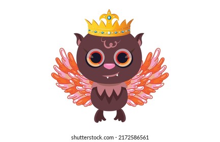 A cute cartoon bird character with its beautiful wings and crown, vector illustration on white background
