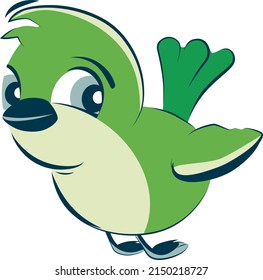 Cute cartoon bird character. Green feather animal