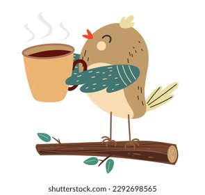 Cute cartoon bird character taking coffee break concept. Vector graphic design illustration