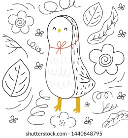 Cute Cartoon bird. Bird character vector print. Bird and leaves vector illustration