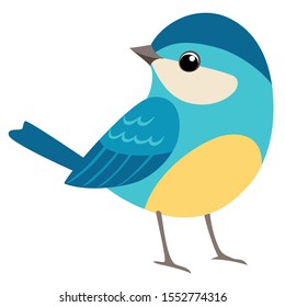 Cute cartoon Bird Character vector illustration. Blue and yellow colors titmouse. Flat design tit