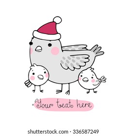 Cute cartoon Bird with chicks in the hat. Hand drawn vector illustration. 
