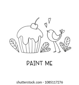 Cute cartoon bird and cupcake with cream and cherry.