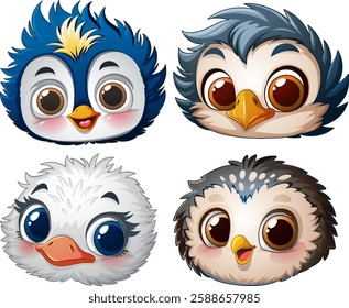 Cute cartoon bird faces with big expressive eyes