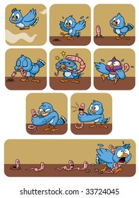 A cute cartoon bird fighting a worm. All elements on different layers for easy editing.