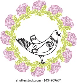 Cute cartoon bird and floral frame. Vector illustration