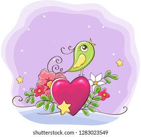 Cute Cartoon bird with heart and flowers on winter background