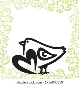 Cute cartoon bird and heart. Vector illustration