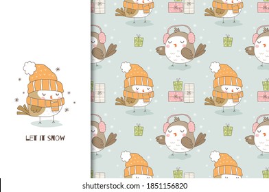 Cute cartoon bird in knitted hat and scarf. Christmas card and seamless background pattern. Hand drawn surface design vector illustration