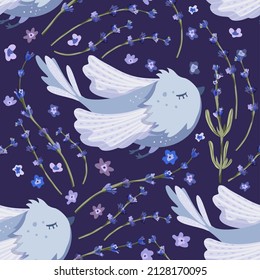 Cute cartoon bird and lavender violet flowers seamless pattern on a dark background