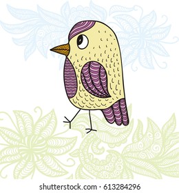 Cute cartoon bird and nature background. Vector illustration.