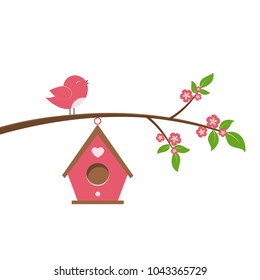 Cute cartoon bird on branch. Spring scene with flowers, trees and a birdhouse. Vector illustration on white background.