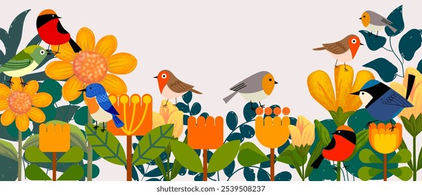 Cute cartoon bird on plants, flower,  tree, branch on background vector illustration. Bird and nature collection.