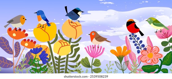 Cute cartoon bird on plants, flower,  tree, branch on background vector illustration. Bird and nature collection.