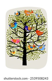 Pássaro de desenho animado bonito em plantas, flor, árvore, ramo na ilustração de vetor de fundo. Aves e coleção da natureza.