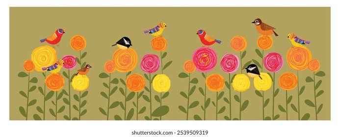 Pássaro de desenho animado bonito em plantas, flor, árvore, ramo na ilustração de vetor de fundo. Aves e coleção da natureza.