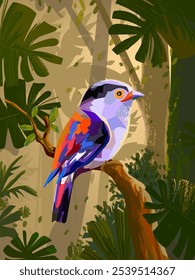 Cute cartoon bird on plants,  tree, branch on background vector illustration. Bird and nature collection.