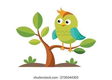 Pájaro lindo de la historieta en el Arte vectorial de la rama del árbol en el fondo blanco