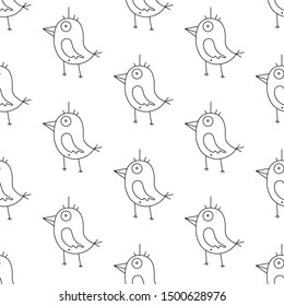 Cute cartoon bird pattern with cheerful birds. Funny vector black and white bird pattern. Seamless monochrome bird pattern for textile, wallpapers, wrapping paper, cards and web.