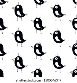 Cute cartoon bird pattern with cheerful birds. Funny vector black and white bird pattern. Seamless monochrome bird pattern for textile, wallpapers, wrapping paper, cards and web.