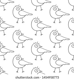 Cute cartoon bird pattern with hand drawn birds. Funny vector black and white bird pattern. Seamless monochrome doodle bird pattern for textile, wallpapers, wrapping paper, cards and web.