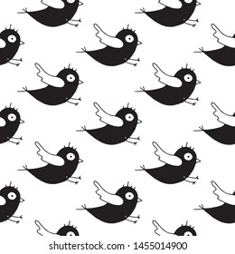 Cute cartoon bird pattern with hand drawn birds. Funny vector black and white bird pattern. Seamless monochrome doodle bird pattern for textile, wallpapers, wrapping paper, cards and web.