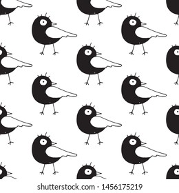 Cute cartoon bird pattern with hand drawn birds. Funny vector black and white bird pattern. Seamless monochrome doodle bird pattern for textile, wallpapers, wrapping paper, cards and web.