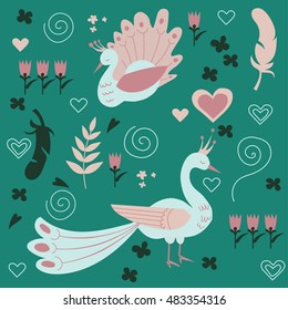 Cute cartoon bird pattern with plants, feathers, hearts and spirals