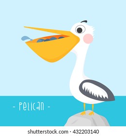 Cute cartoon bird pelican standing on a stone. vector illustration.