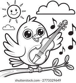 Cute cartoon bird playing a violin on a tree branch with sun and clouds in the sky line
