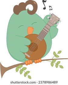 Cute cartoon bird plays the banjo and sings sitting on a branch. Vector colorful illustration for card, poster or banner	
