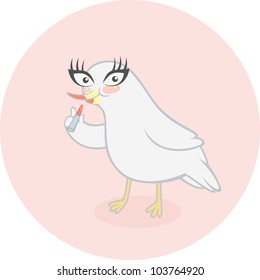 Cute cartoon bird preparing for the party and applying her makeup. Vector illustration