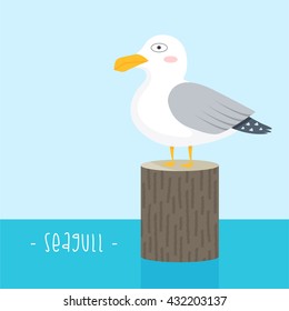 Cute cartoon bird seagull standing on a wooden post. vector illustration.